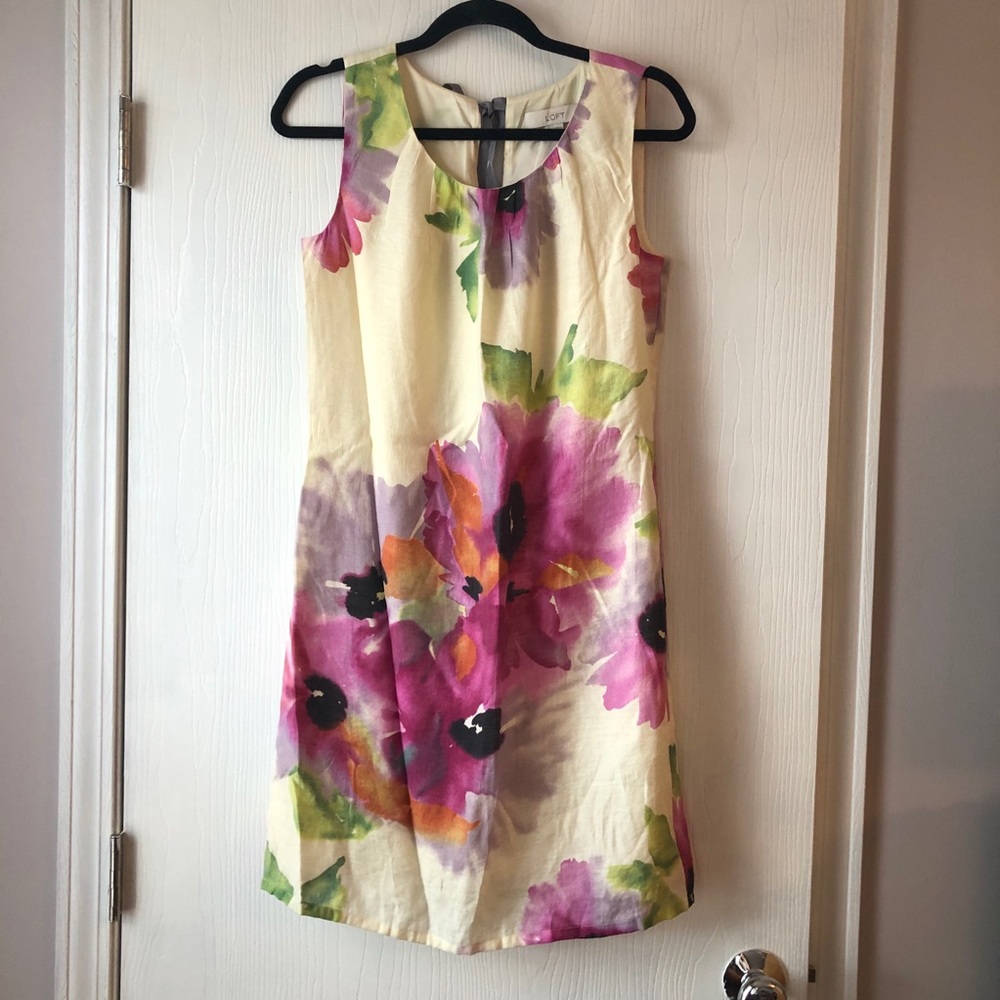 LOFT Cream Floral Sleeveless Shift Dress with Pink & Green Blooms